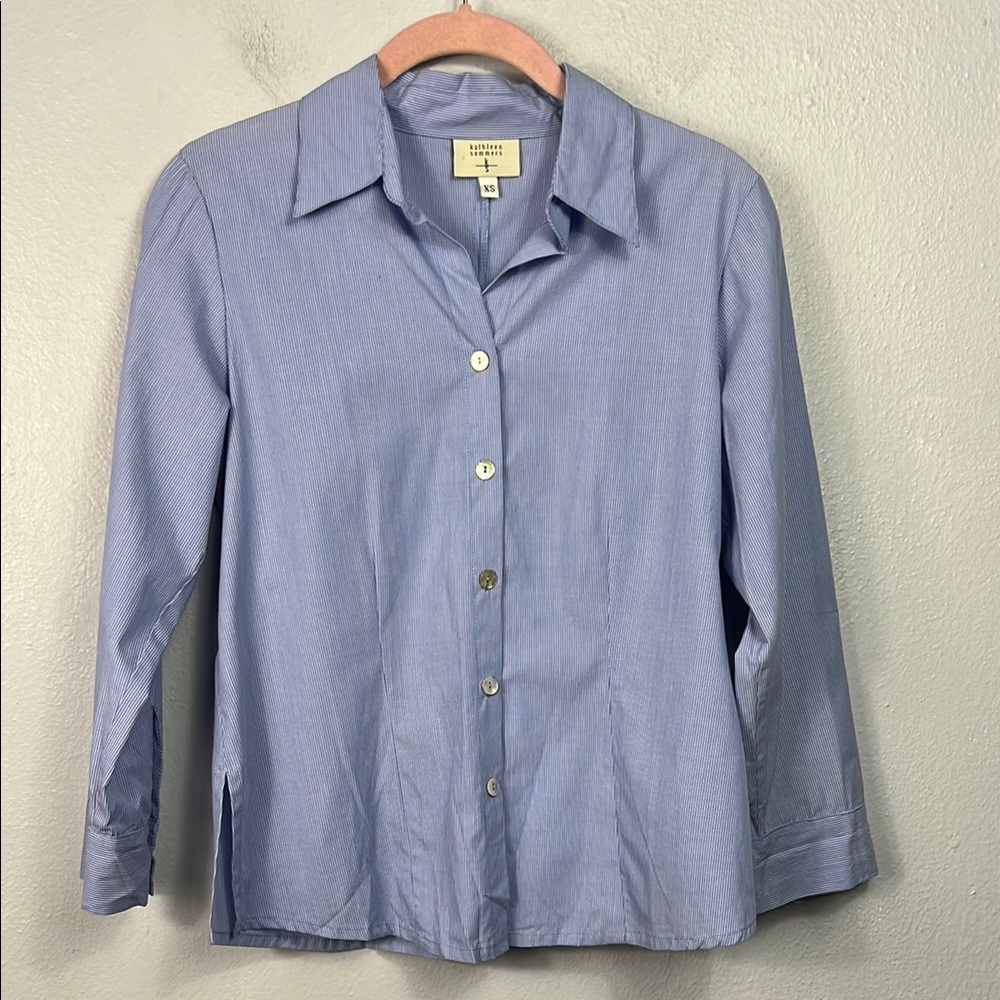 Kathleen Sommers Linen Blue & White Stripe 3/4 Sleeve Blouse XS